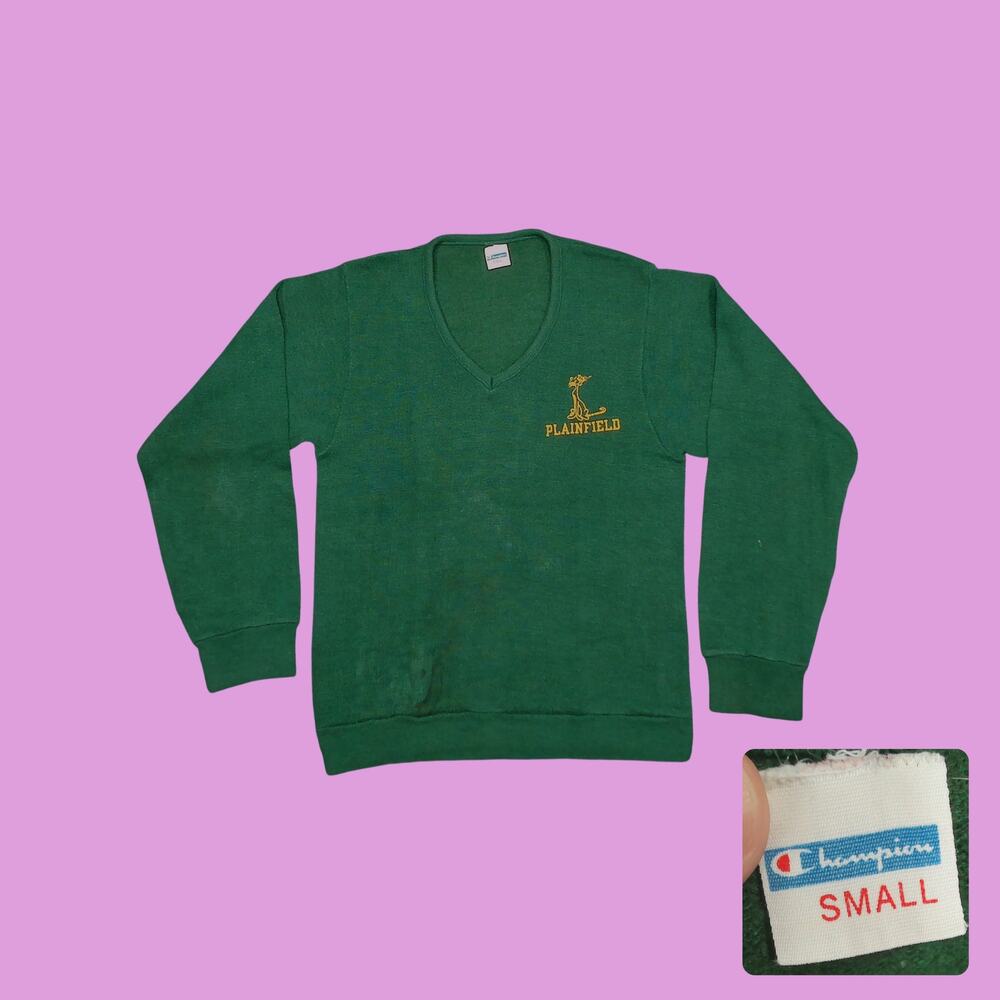 Vintage 70s Champion Blue Bar V-Neck Sweater Plainfield Green Womens M